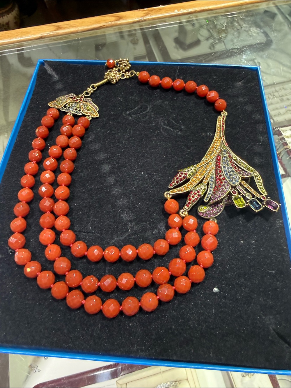 Heidi Daus Lilly TRIPLE STRAND RED BEADED NECKLACE With FLOWER DROP - Picture 4 of 8